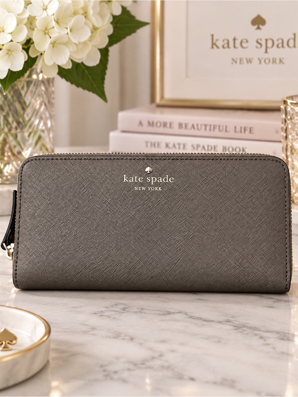 Kate Spade New York Mushroom Gray Saffiano Leather Zip Around Continental Wallet